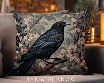 Raven Throw Pillow Woven | Gothic Pillow William Morris Art Pillow Raven Decor Crow Core Pillow Maximalist Rustic Pillow Dark Woodland Boho