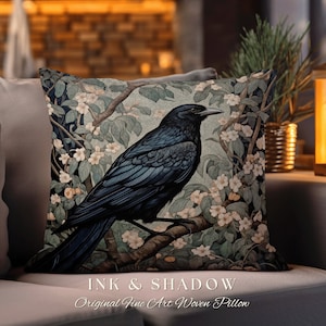 Raven Throw Pillow Woven | Gothic Pillow William Morris Art Pillow Raven Decor Crow Core Pillow Maximalist Rustic Pillow Dark Woodland Boho