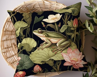 Cottage Core Frog Pillow Woven | Mushroomcore Pillow William Morris Inspired Frog Decor Crowcore Pillow Fairy Aesthetic Pillow Dark Woodland