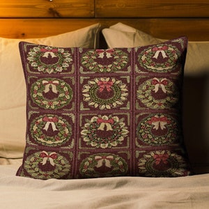 Ornate Baroque Burgundy Berry Wreath Tapestry Pillow Antique Inspired Home Decor | Elegant Festive Cozy Dark Academia Cushion Christmas Gift