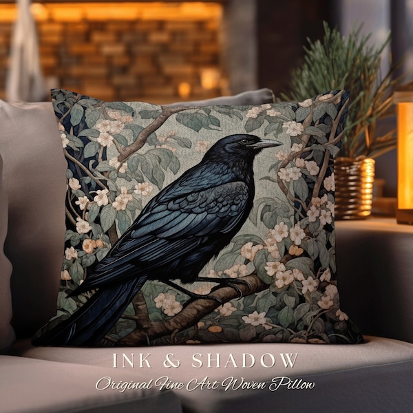 Raven Throw Pillow Woven | Gothic Pillow William Morris Art Pillow Raven Decor Crow Core Pillow Maximalist Rustic Pillow Dark Woodland Boho