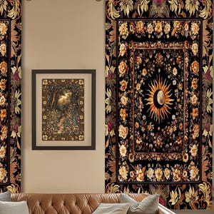 Cosmic Elegance Celestial Curtains | Dark Cottagecore Moon & Sun Ethereal Divine Aesthetic Witchy Bohemian Eclectic Spiritual Bedroom Drapes