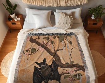 Boho Gothic Bat Tapestry Blanket | Floral Cottagecore Tapestry Crowcore Wall Art Bedroom Decor Woodland Bat Colorful Wall Art Victorian |
