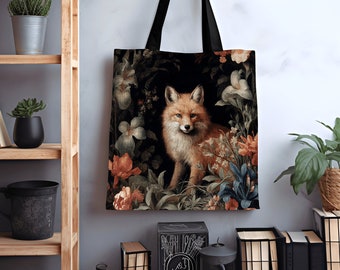 Floral Aesthetic Victorian Fox Tote | Dark Academia William Morris Inspired Tote Bag Aesthetic Medieval Woven Tapestry Bag Botanical Fox Art