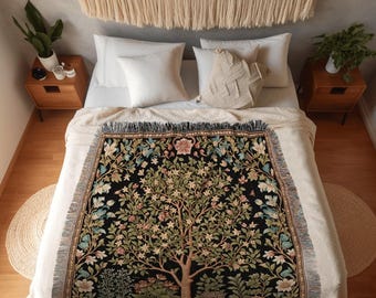 Floral Tapestry Tree of Life Design | Folklore William Morris Inspired Throw Botanical Tapestry Medieval Aesthetic Nordic Renaissance Decor