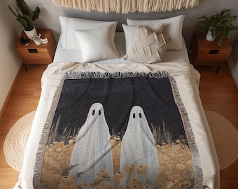 Ghost Couple Tapestry | Indie Room Decor Vintage Halloween Tapestry Woven Blanket Ghost Friends | Haunted Forest Ghost Blanket Occult Decor