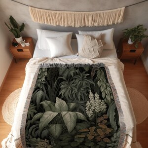 Vintage Dark Greenery Tapestry | Woven Cotton Throw Blanket Dark Cottagecore Decor Blanket Forest Tapestry Goblincore Bedroom Forest Green