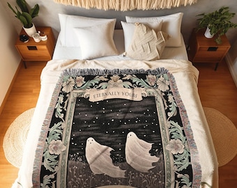 Ghost Lovers Personalized Name Blanket | Dark Cottagecore Custom Gothic Couple Tapestry Woven Throw Mr & Mrs Gift for Partner Meaningful