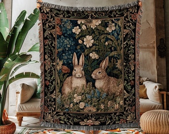 Cottagecore Bunnies Spring Blanket | Woodland Room Decor Jacquard Woven Tapestry Forest Aesthetic Fairycore Bedroom Floral Bunny Victorian