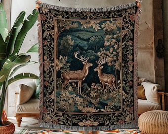 Mystical Deer Tapestry Blanket | Cottagecore Room Decor William Morris Inspired Forest Aesthetic Fairycore Boho Bedroom Woven Throw Ethereal