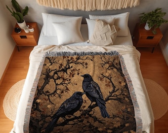 Crow Decor Gothic Tapestry Whimsigoth Blanket | Dark Cottagecore Tapestry Raven Home Decor | Crowcore Woven Goth Blanket Witchy Room Decor |