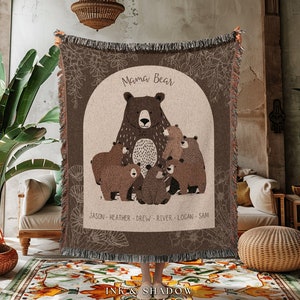 Mama Bear Personalized Blanket | Custom Mom Gift from Kids Custom Mama Bear Cubs Cottagecore Family Name Tapestry Woven Throw Mommy to Be |