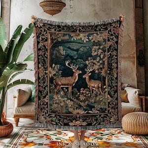 Mystical Deer Tapestry Blanket | Cottagecore Room Decor William Morris Inspired Forest Aesthetic Fairycore Boho Bedroom Woven Throw Ethereal