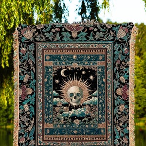 Gothic Bohemian Skull Witchy Woven Throw | Wiccan Aesthetic Halloween Vibes Dark Academia Woven Wall Tapestry Baroque Spooky Season Decor |