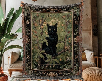 Black Cat Botanical Blanket | Dark Floral Bedroom Decor Cottagecore Reading Corner Gothic Tapestry Woven Dark Fairycore Room Woodland Art