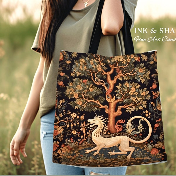 Woodland Dragon Mystical Tote | Gift for Dragon Lover Dark Cottagecore Satchel Fairy Core Bookbag Pastel Fairycore Tote Medieval Fantasy Bag