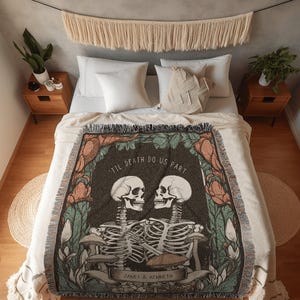 Skeleton Couple Custom Gift 'Til Death Do Us Part' Personalized Tapestry | Gothic Wedding Custom Blanket Woven | Spooky Wedding Gift Custom