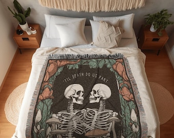 Skeleton Couple Custom Gift 'Til Death Do Us Part' Personalized Tapestry | Gothic Wedding Custom Blanket Woven | Spooky Wedding Gift Custom