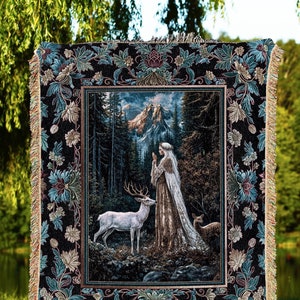 Magical Forest Fantasy Tapestry | Ancient Druid Throw Blanket Woodland Spirit Animal Fairytale Decor Ethereal Woven Blanket Folklore Artwork