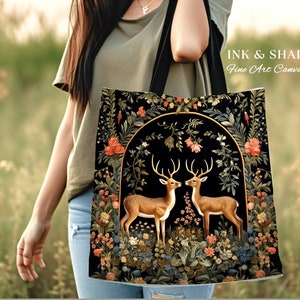 Forest Spirits Tapestry Tote | Folklore Aesthetic Shoulderbag Woven William Morris Bag Dark Fairycore Gothic Botanical Deer Woodland Magic