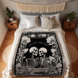 Gothic Couple Custom Gift 'Our First Christmas' Personalized Tapestry | Gothic Wedding Custom Blanket Woven | Spooky Wedding Gift Custom Art