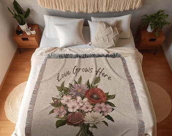Moms Family Garden Blanket Custom Birth Flower Bouquet Personalized Family Name Blanket Sentimental Gift Custom Mom Gift Blanket Woven Throw