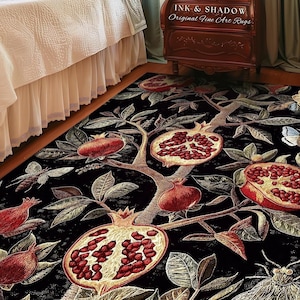Gothic Forestcore Vintage Pomegranate Rug Botanical Goblincore Decor | Mystic Baroque Inspired Dark Academia Floral Butterfly Whimsigothic