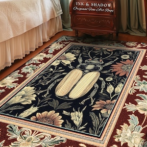 Whimsigoth Beetle Baroque Art Rug Victorian Gothic Home Decor | Dark Cottagecore Botanical Bug Rug Whimsical Oddities Curiosity Ornate Decor