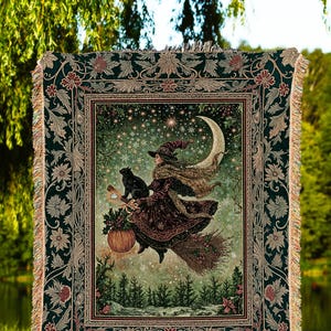 Celestial Moon Whimsical Witch Blanket | Gothic Folk Decor Woven Tapesrty Magic Broomstick Black Cat Art Dark Academia Botanical Witchcore