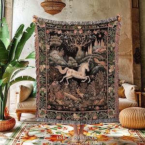 Fairytale Unicorn Tapestry Blanket | Folklore Aesthetic Room Decor Morris Inspired Cottagecore Cozy Fairycore Woven Throw Mystical Bedroom