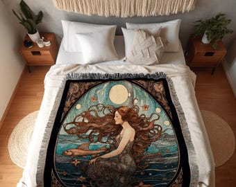 Art Nouveau Tarot Mermaid Tapestry Mermaidcore Wall Art Siren Celestial Decor Throw Blanket Woven | Mermaid Aesthetic Sea Witch Tapestry |
