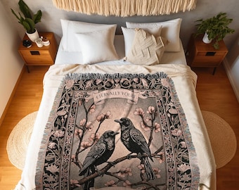 Floral Raven Couple Personalized Blanket | Crow Core Couple Dark Academia Aesthetic Woven Throw Custom Name Gift Tapestry Whimsical Decor |