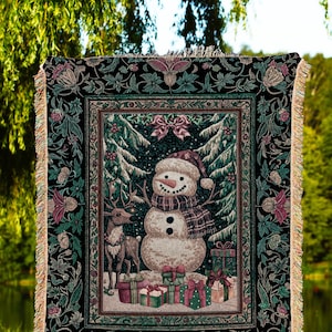 Scandi Snowman Xmas Throw Blanket | Cozy Festive Decor Holiday Tapestry Warm Winter Nostalgic Reindeer Coverlet Nordic Style Christmas Gift