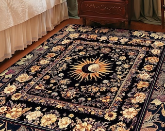 Cosmic Elegance Celestial Area Rug | Dark Cottagecore Moon and Sun Ethereal Divine Aesthetic Witchy Bohemian Eclectic Spiritual Bedroom Rug