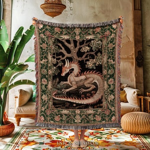 Fantasy Aesthetic Dragon Blanket Woven | Medieval Aesthetic Fairytale Nursery Decor Morris Style Cottagecore Fairycore Woven Throw Tapestry
