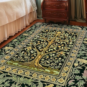 Golden Aesthetic Tree of Life Rug | Emerald Botanical Decor Romantic Folklore Gothic Tapestry Style Vintage Floral Maximalist Home Accent |