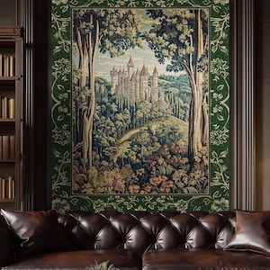 May include: A rectangular wall tapestry featuring a detailed scene of a castle nestled in a forest, framed by a dark green border with floral patterns. The text "INK & SHADOW Fine Art Home Decor" is printed in white on the lower portion of the tapestry.