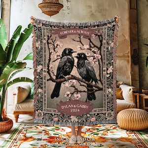 Cherry Blossom Romantic Couple Blanket | Crow Core Couple Dark Academia Aesthetic Woven Throw Custom Dating Gift Goth Tapestry Witchy Decor