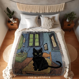 Bedroom Tapestry Blanket Black Cat Painting | Boho Room Decor Van Gogh Inspired Art Blanket | Funny Tapestry Black Cat Decor Whimsical Art |