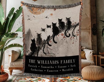 Personalized Cat Family Blanket | Cozy Throw Custom Family Name Sentimental Blanket Gift from Kids Cottagecore Woven Tapestry Cat Lover Gift