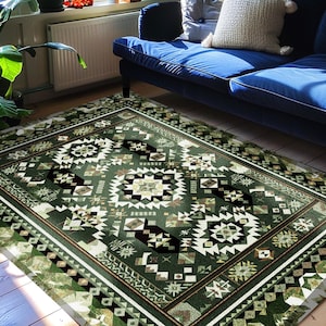 Classic Geometric Green Rug | Modern Midcentury Home Accent Ornate Nordic Inspired Rug with Forest Green Detail Bohemian Style Aesthetic  |