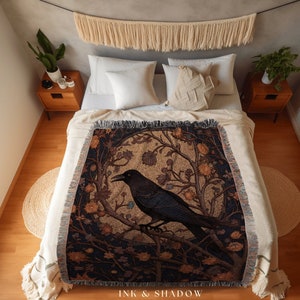 Raven Home Decor Gothic Tapestry Vintage Throw Blanket Woven | Crow Decor Dark Cottagecore Tapestry Woven Throw Blanket Whimsigoth Tapestry