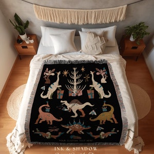 Vintage Dino Blanket Personalized Message Gift | First Birthday Gift Custom Tapestry Dinosaur Blanket Woven | Custom Dino Bedding For Boys |