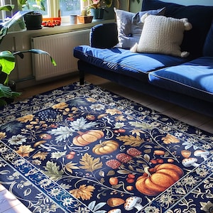 Blue Botanical Pumpkin Rug Vintage Aesthetic Autumn Lovers Decor | Fall Decoration Eclectic Art Dark Academia Elegant Rug Boho Cottagecore