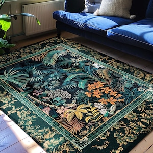 Jungle Foliage Botanical Accent Rug | Bohemian Aesthetic Woodland Living Room Emerald Green Home Decor Plant Themed Indie Bedroom Floor Mat