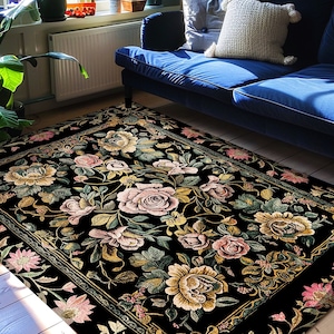 Antique Rose Aesthetic Rug Victorian Floral Dark Academia Decorative Rug Pink Rose Flower Dark Cottagecore Vintage Floral Housewarming Gift