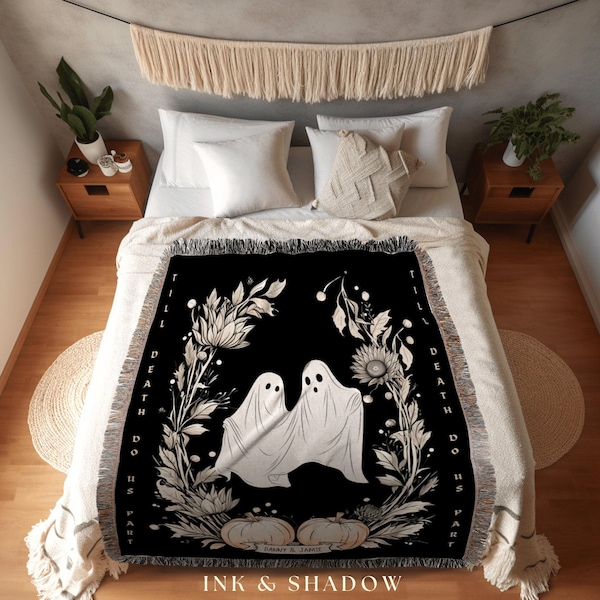 Till Death Do Us Part Ghost Couple Personalized Wedding Blanket | Spooky Halloween Tapestry Woven Ghost Gifts Thoughtful Anniversary Gifts