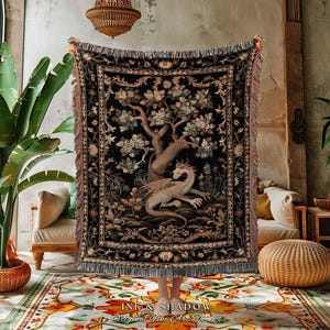 Dragon Tree Of Life Woven Blanket | Medieval Aesthetic Fairytale Inspired Wall Art Cottagecore Style Fairycore Woven Throw Tapestry Mystical
