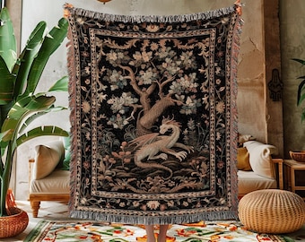 Dragon Tree Of Life Woven Blanket | Medieval Aesthetic Fairytale Inspired Wall Art Cottagecore Style Fairycore Woven Throw Tapestry Mystical