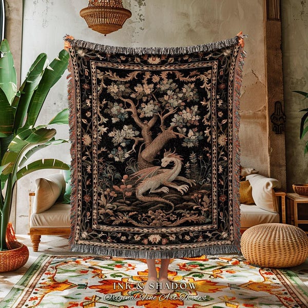 Dragon Tree Of Life Woven Blanket | Medieval Aesthetic Fairytale Inspired Wall Art Cottagecore Style Fairycore Woven Throw Tapestry Mystical